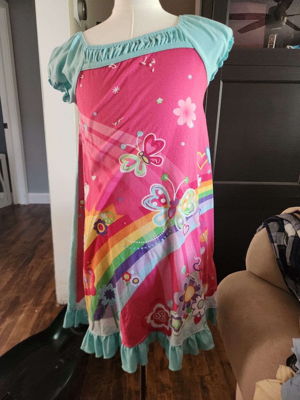 The Children's Place Pink Rainbow & Butterfly Nightgown with Aqua Trim